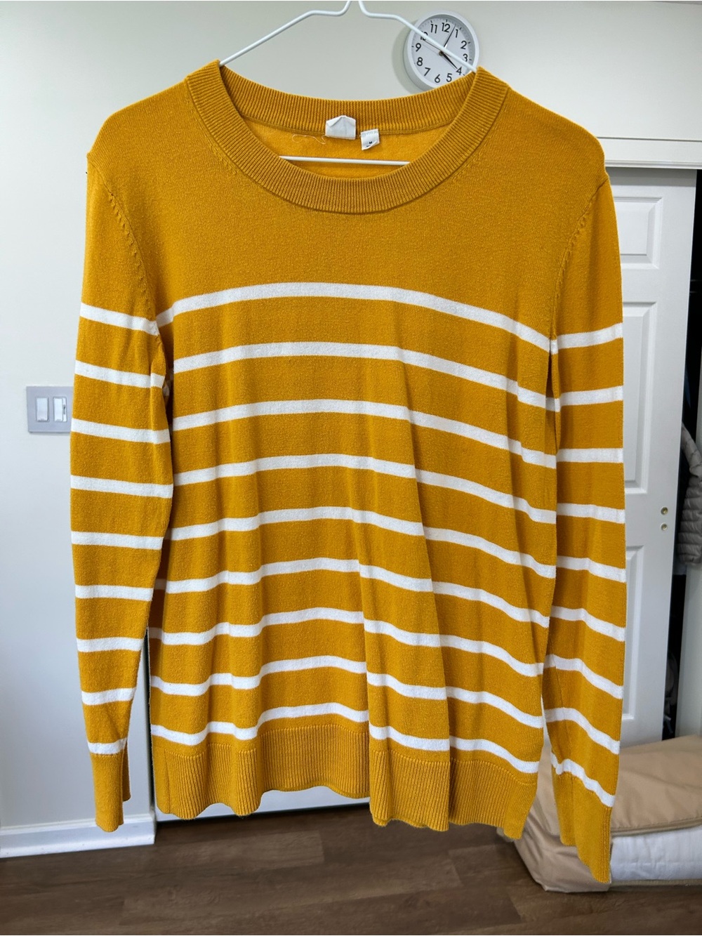 GAP Mustard Yellow and White Striped Crewneck Sweater
